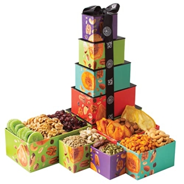 Dried Fruit and Nuts Gift Basket Tower with Black Ribbon Gift Basket, 5 Tier Gourmet Arrangement Pla...