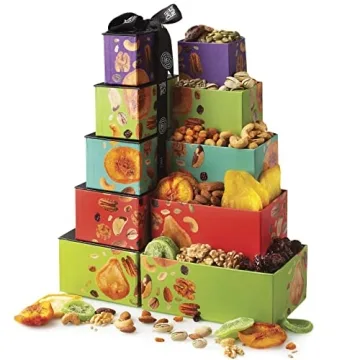 Dried Fruit and Nuts Gift Basket Tower with Black Ribbon Gift Basket, 5 Tier Gourmet Arrangement Platter, Healthy Kosher Snack Box for Birthday, Anniversary by Oh Nuts