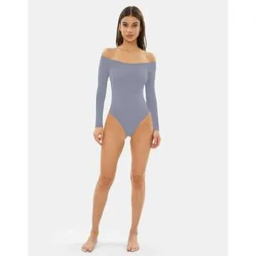 NEWVISISTER Women Seamless Off Shoulder Bodysuit Long Sleeve Tops T Shirt Jumpsuit Classy Collection, Slate, Medium-Large