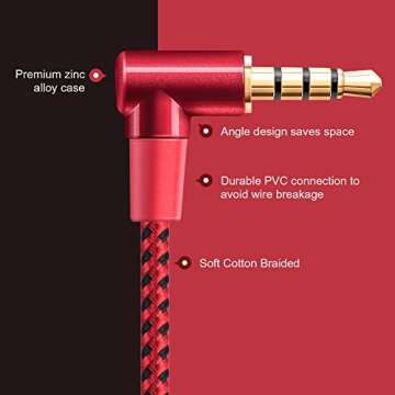 CableCreation TRRS Cable, 10 FT 3.5MM Male to Male 4 Pole Right Angle Audio Stereo HiFi Cable with Silver-Plating Copper Core (Microphone Compatible),24K Gold Plated,Red