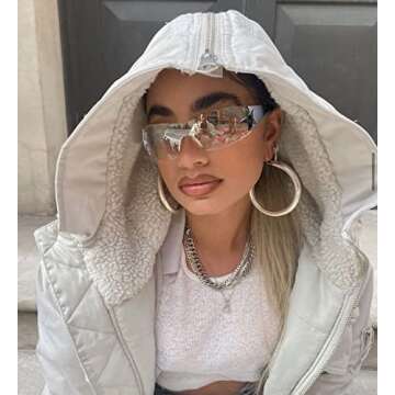 Rmerom Y2K Sunglasses for Women,Rimless Shield Wrap Around Sunglasses 2000S Trendy Oversized Fashion Black Clear Y2K Glasses Shades