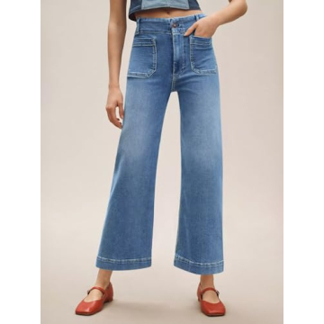 Tankaneo Womens Loose Wide Leg Jeans High Waisted Flare Trendy Boyfriends Cotton Denim Pants with Front Patch Pockets Blue