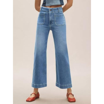 Tankaneo Womens Loose Wide Leg Jeans High Waisted Flare Trendy Boyfriends Cotton Denim Pants with Front Patch Pockets Blue