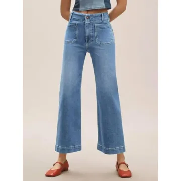 Tankaneo Womens Loose Wide Leg Jeans High Waisted Flare Trendy Boyfriends Cotton Denim Pants with Front Patch Pockets Blue