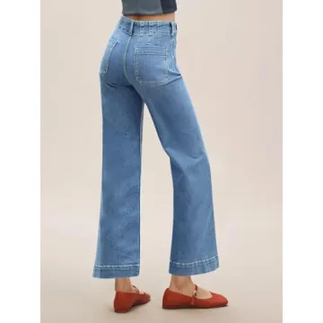 Tankaneo Womens Loose Wide Leg Jeans High Waisted Flare Trendy Boyfriends Cotton Denim Pants with Front Patch Pockets Blue