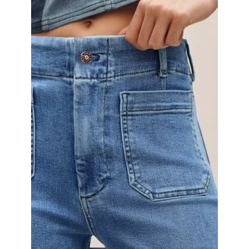 Tankaneo Womens Loose Wide Leg Jeans High Waisted Flare Trendy Boyfriends Cotton Denim Pants with Front Patch Pockets Blue