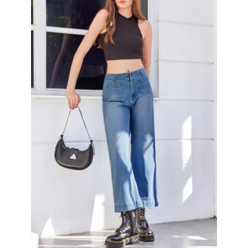 Tankaneo Womens Loose Wide Leg Jeans High Waisted Flare Trendy Boyfriends Cotton Denim Pants with Front Patch Pockets Blue