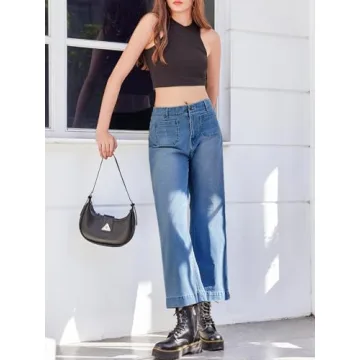 Tankaneo Womens Loose Wide Leg Jeans High Waisted Flare Trendy Boyfriends Cotton Denim Pants with Front Patch Pockets Blue