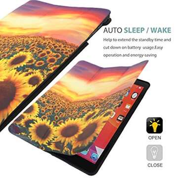 Hi Space for iPad 9th 8th 7th Generation Case for iPad 10.2 Case Garden Sunflower 2021 2020 2019 with Pencil Holder, Painting Floral Flower Shockproof Cover Auto Sleep Wake for A2270 A2428