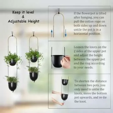 ABETREE Modern Metal Hanging Planter for Indoor Outdoor Plants with Hook 2 Tier Boho Wall and Ceiling Flower Pots Baskets Holder Home Office Decor(Black)