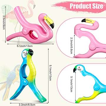 4 Pieces Beach Towel Clip Jumbo Size Chair Clips Towel Holder Clothes Pegs Christmas Stocking Clamp for Cruise Patio Pool Holiday Vacations(Parrot, Flamingo,Blue, Pink)