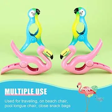 4 Pieces Beach Towel Clip Jumbo Size Chair Clips Towel Holder Clothes Pegs Christmas Stocking Clamp for Cruise Patio Pool Holiday Vacations(Parrot, Flamingo,Blue, Pink)