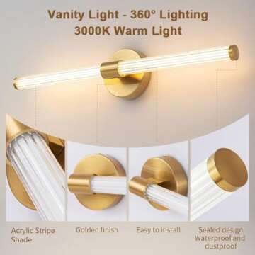 Gednbo LED Bathroom Light Fixtures Gold Bathroom Vanity Lights Over Mirror 360° Full Lighting Dimmable LED 22 inch Vanity Light Bar Modern Wall Sconce Warm Light for Bedroom Living Room
