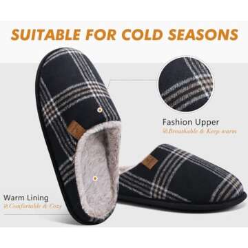 COFACE Mens Black Flano Plaid Cozy Memory Foam scuff Slippers Slip On Warm House Shoes Indoor/Outdoo...