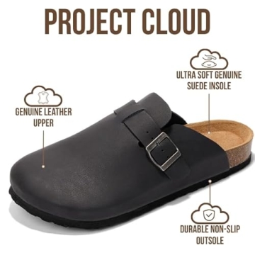 Project Cloud Mens Clogs - 100% Full Grain Genuine Leather Memory Foam Clogs for Men Arch Support Co...