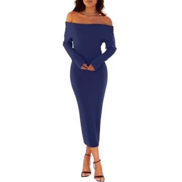 MEROKEETY Women's Winter Off Shoulder Bodycon Sweater Dress Formal Long Sleeve Elegant Cocktail Part...