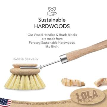 Lola Products Original Tampico Vegetable & Dish Wood Brush, 3" Head, Sustainable, Tampico Bristles, ...