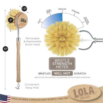 Lola Products Original Tampico Vegetable & Dish Wood Brush, 3" Head, Sustainable, Tampico Bristles, Easy Head Only Replacement, 1 Pack