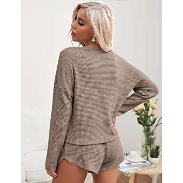 Ekouaer Womens Waffle Knit Pajama Sets Long Sleeve Top and Shorts Matching Lounge Set Sleepwear Loungewear Sweatsuit with Pockets Camel X-Large