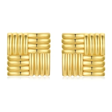 Tvcuney Chunky Gold Earrings,14K Gold Plated Trendy Big Vintage Statement Geometric Square Shell Win...