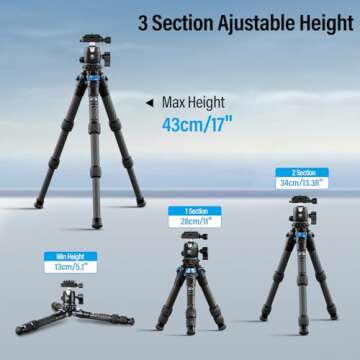 SIRUI Carbon Fiber Travel Tripod with 360° B-00K Arca-Swiss Ballhead, Mini Desktop Tripod for Mirrorless Cameras, Folded Height 12.1", Max Height 16.6″