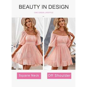 Dokotoo Square Neck Summer Dresses for Women Casual Lantern Sleeve Ruffle A-Line Flowy Dress Tie Backless Pink Sexy Dresses Shirred Elastic Waist Casual Sun Dresses Small