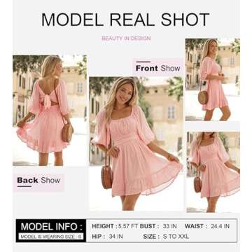 Dokotoo Square Neck Summer Dresses for Women Casual Lantern Sleeve Ruffle A-Line Flowy Dress Tie Backless Pink Sexy Dresses Shirred Elastic Waist Casual Sun Dresses Small