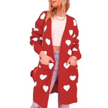 Womens Long Cardigan Love Heart Open Front Sweater Long Sleeve Chunky Knit Cardigan (Red, S)