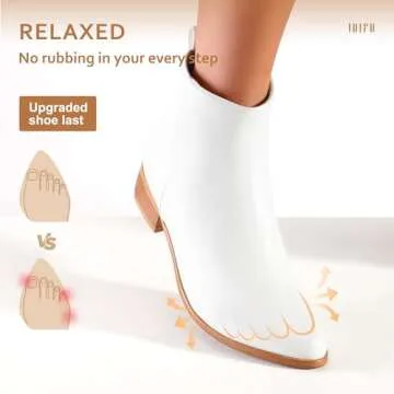 IDIFU Women's Romy Classic Pointed Toe Ankle Boots Side Zipper Low Block Heel Dress Booties(White Pu, 8 M US)