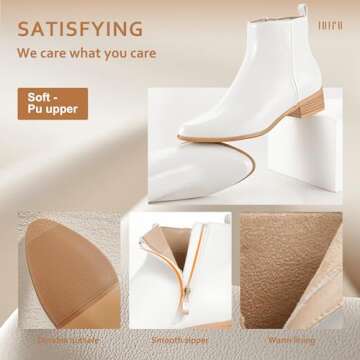 IDIFU Women's Romy Classic Pointed Toe Ankle Boots Side Zipper Low Block Heel Dress Booties(White Pu, 8 M US)