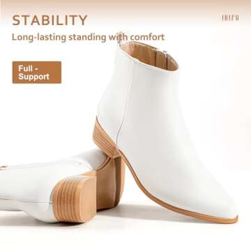IDIFU Women's Romy Classic Pointed Toe Ankle Boots Side Zipper Low Block Heel Dress Booties(White Pu, 8 M US)