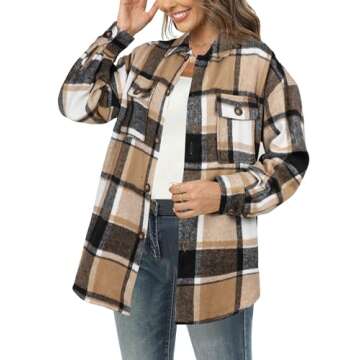 NIeyook Women Casual Plaid Flannel Shacket Jacket Oversized Long Sleeve Button Down Shirts Jacket Lapel Coats Tops Spring 2025
