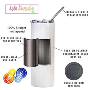 Ink Trendz Sublimation Blank Skinny Straight Tumbler Stainless Steel 20 oz. Tumblers with Metal Straws and Individually Boxed Polymer Sublimation Coated
