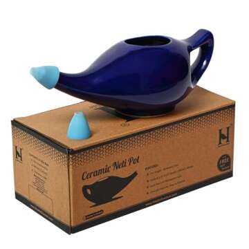 HealthGoodsIn Ceramic Neti Pot, Dishwasher Safe, Premium Handcrafted with 2 Silicone Nozzle and Salt for Sinus - 225 Ml. Capacity (Elegant Violet)