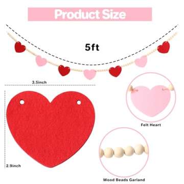 Valentines Day Decorations -Red Pink Felt Heart Wood Beads Garland for Farmhouse Banner for Fireplace Mantel Walls