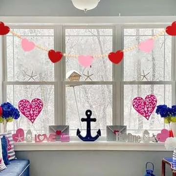 Valentines Day Decorations -Red Pink Felt Heart Wood Beads Garland for Farmhouse Banner for Fireplace Mantel Walls