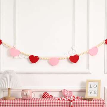 Valentines Day Decorations -Red Pink Felt Heart Wood Beads Garland for Farmhouse Banner for Fireplace Mantel Walls