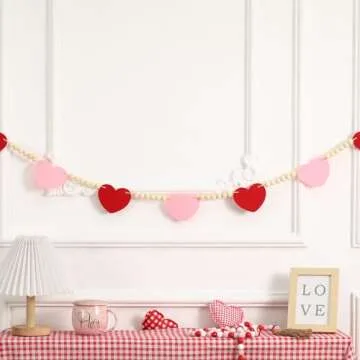 Valentines Day Decorations -Red Pink Felt Heart Wood Beads Garland for Farmhouse Banner for Fireplace Mantel Walls