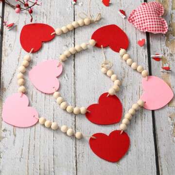 Valentines Day Decorations -Red Pink Felt Heart Wood Beads Garland for Farmhouse Banner for Fireplace Mantel Walls