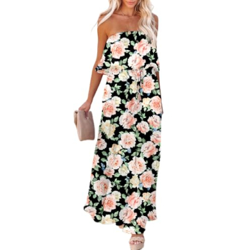 Dokotoo Women Floral Print Maxi Dress Strapless High Waist Side Split Flowy Off The Shoulder Beach Dresses Casual Spring Dresses for Women 2025