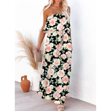 Dokotoo Women Floral Print Maxi Dress Strapless High Waist Side Split Flowy Off The Shoulder Beach Dresses Casual Spring Dresses for Women 2025
