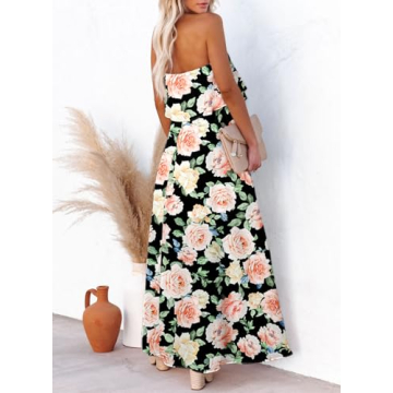 Dokotoo Women Floral Print Maxi Dress Strapless High Waist Side Split Flowy Off The Shoulder Beach Dresses Casual Spring Dresses for Women 2025