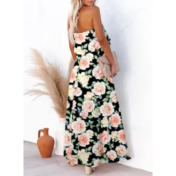 Dokotoo Women Floral Print Maxi Dress Strapless High Waist Side Split Flowy Off The Shoulder Beach Dresses Casual Spring Dresses for Women 2025