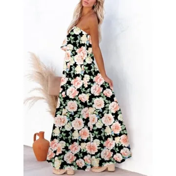 Dokotoo Women Floral Print Maxi Dress Strapless High Waist Side Split Flowy Off The Shoulder Beach Dresses Casual Spring Dresses for Women 2025