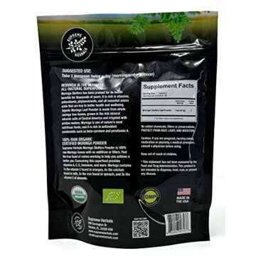 SUPREME HERBALS, 100% Raw and Pure Moringa Leaf Powder. Organic Certified Moringa Leaf. Natural Superfood with Essential Amino Acids, Antioxidants, and Omega 3, 8 oz Resealable Bag.
