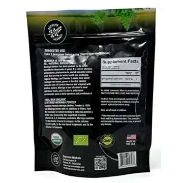 SUPREME HERBALS, 100% Raw and Pure Moringa Leaf Powder. Organic Certified Moringa Leaf. Natural Superfood with Essential Amino Acids, Antioxidants, and Omega 3, 8 oz Resealable Bag.