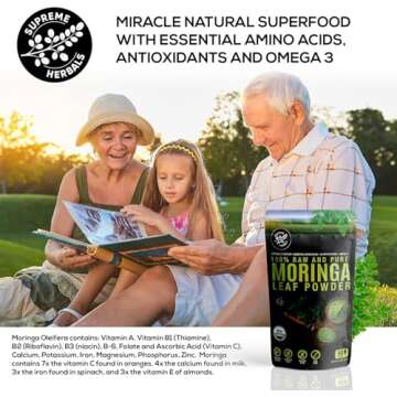 SUPREME HERBALS, 100% Raw and Pure Moringa Leaf Powder. Organic Certified Moringa Leaf. Natural Superfood with Essential Amino Acids, Antioxidants, and Omega 3, 8 oz Resealable Bag.