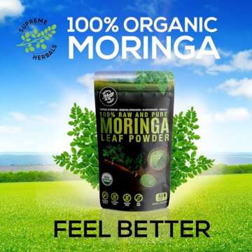 SUPREME HERBALS, 100% Raw and Pure Moringa Leaf Powder. Organic Certified Moringa Leaf. Natural Superfood with Essential Amino Acids, Antioxidants, and Omega 3, 8 oz Resealable Bag.