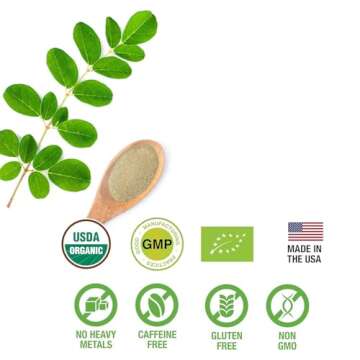 SUPREME HERBALS, 100% Raw and Pure Moringa Leaf Powder. Organic Certified Moringa Leaf. Natural Superfood with Essential Amino Acids, Antioxidants, and Omega 3, 8 oz Resealable Bag.