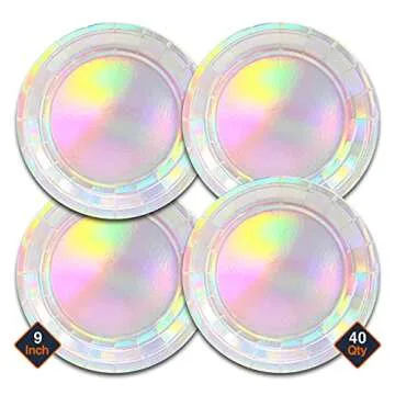 Iridescent Silver Party Plates Set Dinner And Appetizer Plates - 40 Disposable 9" Dinner Plates With 42 Disposable 5" Dessert Plates | Irisdescent Paper Plates Bulk For Parties, Events, Home, And More